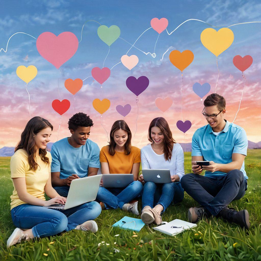 A warm, inviting digital landscape depicting a diverse group of individuals engaging in online communication, surrounded by floating hearts and connection lines. The individuals should display a range of emotions, from joy to curiosity, symbolizing heartfelt connections. Soft pastel colors to evoke romance and warmth, with elements like laptops and smartphones intertwined with nature. super-realistic. vibrant colors. digital art.