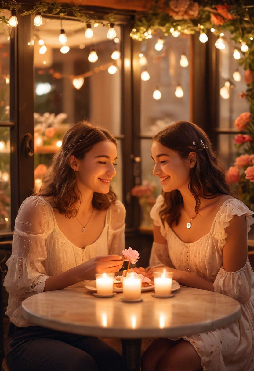 A cozy, enchanting café setting where two friends are sharing a dessert, with playful glances and warm smiles, surrounded by soft candlelight and blooming flowers. In the background, soft, dreamy lights create an intimate atmosphere, hinting at the transition from friendship to romance. Include subtle symbols of love like hearts and soft whispers illustrated in the air. magical realism. warm colors. soft focus.