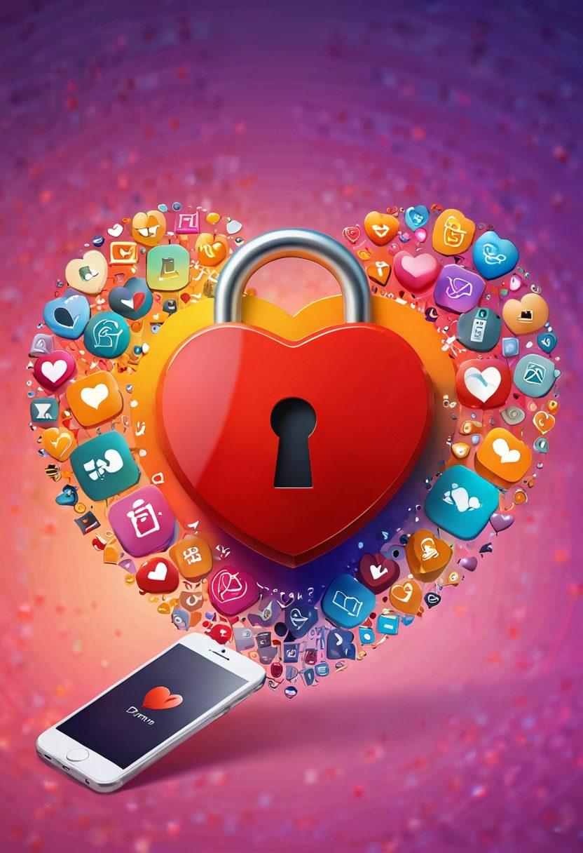 A heart-shaped key unlocking a digital padlock, surrounded by diverse couples happily connecting through their mobile devices. Bright, warm colors radiate love and joy, with icons of popular dating apps floating around. The background is a soft gradient evoking a romantic atmosphere, symbolizing heartfelt connections. super-realistic. vibrant colors. soft-focus background.
